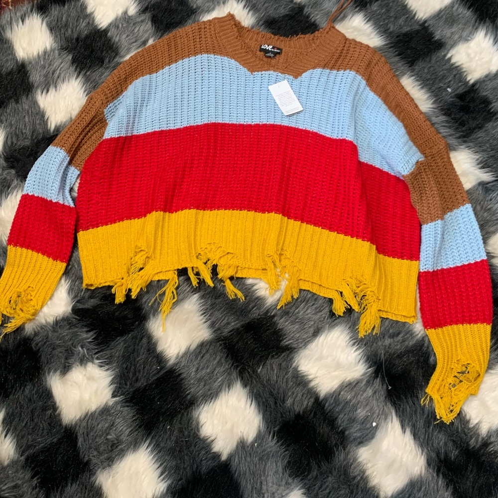 Love Mixed Color Sweater with Asymmetrical Ends
